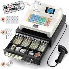 PYY Cash Register for Small Businesses with Scanner - Electronic Commercial Caja Registradora para Negocio with Lock Cash Drawer Box, 48 Keys, 8 Digital Dual Display for Restaurant Supermarket White