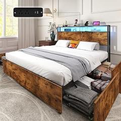 Full Bed Frame with 4 Drawers & Headboard, Full Size Metal Platform Bed Frames with Charging Station, LED Lights, Sturdy & Stable Bed Frame, Noiseless, No Box Spring Needed, Brown