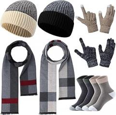Geyoga 8 Pcs Men Knit Beanie Hat Winter Touchscreen Gloves Long Neck Scarf Socks Set for Men Women Gifts Cold Weather