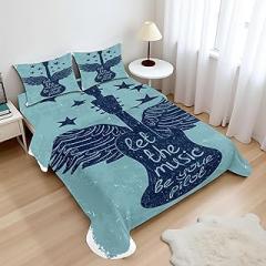 Ambesonne Music Sheet Set, Let The Music Be Your Pilot Words Winged Electronic Guitar and Stars Retro Print, Fitted and Flat Sheet with Pillowcases Bedding Accent 4 Piece Set, Queen, Dark Blue