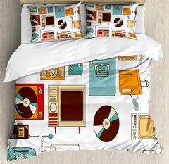 Ambesonne Retro Duvet Cover Set, Vintage Electronics Graphic Telephone Radio Fringe Owen Typewriter Television, Decorative 3 Piece Bedding Set with 2 Pillow Shams, Queen Size, Multicolor