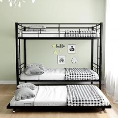 Metal Bunk Bed with Trundle, Modern Bunk Beds with Slats, Heavy Duty Bunkbed Frame with Ladder and Sturdy Guard Rail for Adults,Teens,Boys and Girls. (Black) (Black)