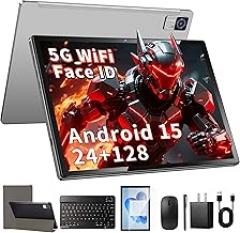 Android Tablet with Keyboard, 10 inch Android 15 Tablet with 24GB(4+20)RAM+128GB ROM(1TB Expand),8-Core, 7200mAh, 5G WiFi, Bluetooth5.0, Widevine L1, Electronics Tablets with Keyboard, Case, Stylus