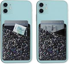 2 Pack Phone Card Holder for Back of Phone, Leather Phone Wallet Stick On, Credit Card Holder for Phone Case Compatible with iPhone, Android Phone - Coarse Shiny - Black Leather