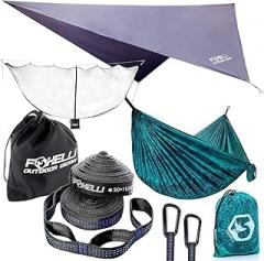 Foxelli Hammock Camping Set – Bundle Includes Camping Hammock, Rain Tarp, XL Tree Straps & Hammock Net