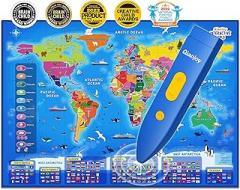 Bilingual Interactive World Map for Kids Learning and Educational Toys, Talking Electronic Kids World Map i-Poster Geography Games Ages 3 to 12 Years Old, Custom Talking Birthday Gifts Card