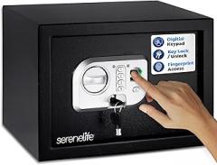 SereneLife Electronic Fingerprint Safe | Heavy Duty Money Safebox | Digital Touch Pad Lockbox with Code & 2 Keys | Small Safe Box for Home or Office, Secure Cash, Firearms | 13.8’’ x 9.8” Black