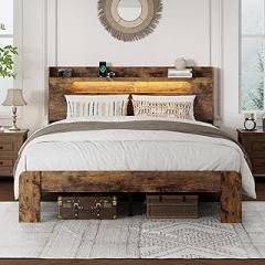 Full Bed Frame, Full Size Bed Frame with Storage Headboard, Platform Bed Frame with Charging Station and LED Lights, Sturdy Wooden Slats, No Mattress Required, No Noise，Brown