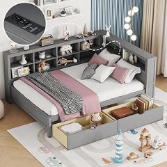 SOFTSEA Full Size Daybed Bed with Storage Drawers and Bookcase, L-Shape Daybed with USB Ports and Headboard, Full Corner Bed Frame with Functional Storage for Kids Teens Adults, Gray