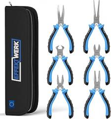 E•Werk - 6-Pc Mini Pliers Set - Linesman, Long Nose, Needle Nose, Bent Nose, Diagonal Cutting & Wire Cutters - Electrician Tool Kit w/Small Pouch - Use for Jewelry Craft & Electronic Repairs