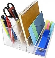 Acrylic Desk Organizer Clear Combination of File and Pen Holder 5-Section Office Desk Accessories Office Organization for File, Envelopes, Electronics, Pen, Cards and other small office supplies