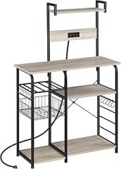 Yaheetech Bakers Rack with Power Outlet, 4-Tier Microwave Stand Cart Coffee Bar with Wire Basket and Wine Storage, Freestanding Kitchen Shelf Extra Counter Space, Gray