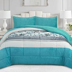 MarCielo 3 Piece Comforter Set with 2 Pieces Matching Pillowcase, Soft Printed Anti-Static Micromink Sherpa Comforter Set (Light Teal, King)