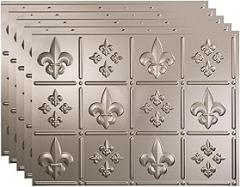 FASÄDE Fleur-de-lis Decorative Vinyl 18in x 24in Backsplash Panel in Brushed Nickel (5 Pack)