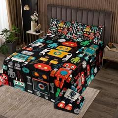 Cartoon Robot Kids Bedspread Twin Size,Electronic Robots Light Gaming Coverlet Set,Girls Boys Room Decor,Geometric Patchwork Modern Fashion Quilted Coverlet,Black Red Bedding Quilt,1 Pillowcase