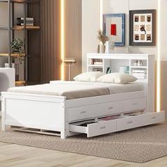 SOFTSEA Twin Size Platform Bed with Storage Headboard, Solid Wood Bed Frame with Trundle, 3 Drawers and USB Ports for Kids, No Box Spring Needed, White