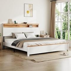KEIKI King Size Wooden Bed Frame with Storage Headboard & Charging Station, LED Platform Bed with Type-C & USB Ports, Noise-Free Sturdy Metal & Wood Slats, No Box Spring Needed, White