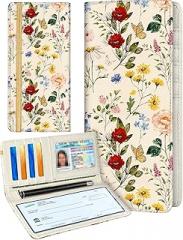 Slohif Checkbook Cover for Personal Duplicate Checks - Leather Check Book Wallet Holder for Women Vintage Beige Flower Print Top Stub