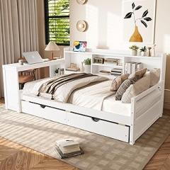 Twin Size Corner Bed with Storage Shelves and Desk, Wood Daybed with Bookcase and Drawers, Twin Daybed Frame with Charging Station, White