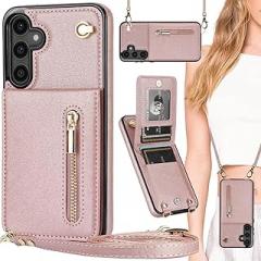 for Samsung Galaxy S25 Wallet Case with Card Holder, Crossbody Lanyard Shoulder Strap Zipper Purse Cover Magnetic Clasp Kickstand Leather Flip Case for Samsung S25, ZP Rose Gold