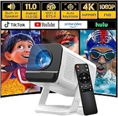 Mini Projector with WiFi 6 and Bluetooth 5.4 Built-in Apps for Bedroom Portable Projector Android 11 Smart Auto Keystone 1080P 4K Support Compatible with iOS/HDMI/TV Stick VisualCube 300
