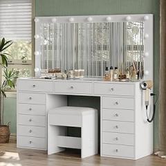 55'' W Makeup Vanity with Power Outlet & Lighted Mirror, Vanity Desk 13 Drawers Glass Top, 3 Lighting Modes Adjustable, Dressing Table with Chair for Bedroom