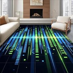 Low Pile Flatwoven Area Rug 2x3, Sound Wave Frequency Bars Electronic Beat Doormat, Machine Washable, Stain Resistant Indoor Rug for Living Room, Bedroom, Non Slip(Blue, 2x3)