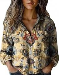 Linen Clothes for Women 2025 Floral Printed V Neck Long Sleeve Blouse Collared Boho Shirt Casual Tops with Pocket