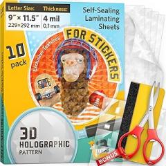 Holographic Sticker Paper - Self Adhesive, Transparent Holographic Laminating Sheets, 9 x 11.5 Inches, 4 Mil Thick, 10 Pack - Perfect for DIY Crafts and Waterproof Stickers