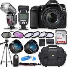 Canon EOS 80D Digital SLR Camera with Canon EF-S 18-135mm f/3.5-5.6 is USM Lens + High Speed Electronic Flash + Sandisk 32GB SDHC Memory Card, Camera Bag, Macros and Accessory Bundle (Renewed)