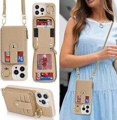 for iPhone 15 Pro Max Wallet Case with Card Holder for Women,for iPhone 15 Pro Max Crsosbody Case with Strap Lanyard,Zipper Stand Ring Phone Cover with Coin Pocket-Beige