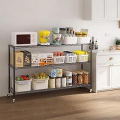 3-Tier Heavy Duty Adjustable Display Rack with Wheels & Feet, 104cm Tall Black Iron Storage Shelf, 117x45cm for Retail Garage Pantry, 150kg Total Capacity