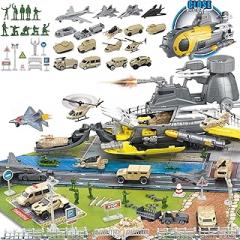 Army Toy Set with Vehicles & Soldiers, Military Base Mat, Helicopter, Submarine, Fighter Jets, Educational Toys for Kids Ages 3-12, ASTM Certified