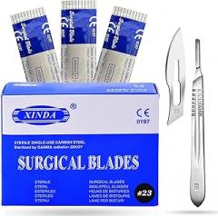 Pack of 100 Blades #23, Scalpel Blades for Knife Scalpel, High Carbon Steel Dermablade Blades. Individually Wrapped, Sterile + Free 1 Handle #4