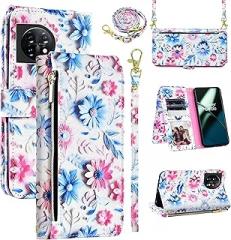 Wallet Case for OnePlus 11 5G with Wrist Strap Shoulder Strap, 9+ Card Slots Zipper Floral PU Leather Stand Card Holder Cell Phone Cover for One Plus11 1 Plus 1plus11 One+ 1+ Women Men Pink