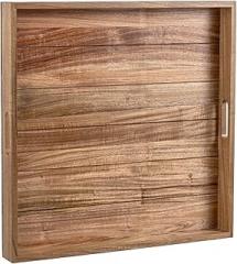 MyGift 19 Inch Large Square Premium Acacia Solid Wood Ottoman Tray with Handles, Decorative Wooden Breakfast & Tea Serving Platter, Coffee Table Centerpiece