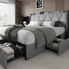 King Size Bed Frame with 4 Storage Drawers and Charging Station, Upholstered Platform Bed Frame with Storage Headboard, No Box Spring Needed, Easy Assembly, Light Grey