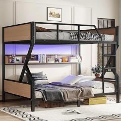 Bellemave Queen Over Queen Size Bunk Bed Frame with Storage Shelves and LED Lights,Heavy Duty Adult Bunk Beds with Angled Ladder,Metal Queen Bunk Bed,Woodgrain