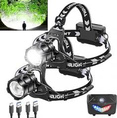 LED Headlamp Flashlight，Rechargeable Head Lamp 3000 Lumens Ultra Bright，IPX7 Waterproof Headlamps w/ 5 Lighting Modes，180 ° Adjustable，Zoomable Camping，Running，Hiking (2 Pack)