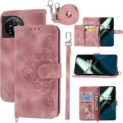 Wallet Case for OnePlus 11 5G with Wrist Strap Crossbody Shoulder Strap,Embossed Leather Flip Credit Card Holder Stand Cell Phone Cover for One Plus11 1 Plus 1plus11 One+ 1+ Women Girls Pink