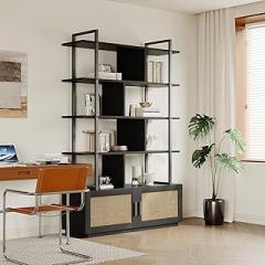 Industrial 5-Tier Metal Frame Bookshelf with Rattan Doors & Cabinet – Rustic Modern Storage for Home Office, Living Room & Bedroom – 71.1