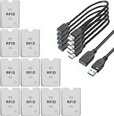 SAITECH IT 4 Pack Short Length 30cm USB 3.0 Extension Cable Black Bundle with 10 Pcs RFID Blocking Credit Card Holders Sleeves for Identity Theft Protection Silver