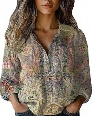 LCMTWX White Linen Shirt Women Floral Printed V Neck Long Sleeve Blouse Collared Boho Shirt Casual Tops with Pocket Spring