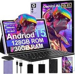 2025 Android 15 Tablet with Keyboard | Gemini AI, 30GB+128GB Octa-Core Electronics Tablets w/ 10 Inch IPS HD Display, 8000mAh, 5G WiFi, 1TB Expand, Mouse+Case, BT 5.0, Widevine L1, Metal Body -Purple