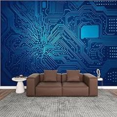 Modern Peel and Stick Wallpaper Removable Wall Murals 3D Computer Electronic Circuit Blue Color Faded Sides Self-Adhesive PVC Wall Stickers for Living Room Bedroom 144