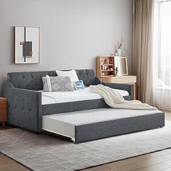Antetek Daybed with Pop Up Trundle, Modern Button Tufted Linen Upholstered Sofa Bed Frame, Twin to King Size Day Bed w/USB & Type C Port for Bedroom, Living Room, No Box Spring Needed, Dark Grey