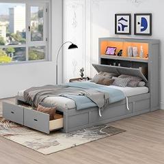 Wood Full Size Bed with Storage, Hydraulic Platform, LED Headboard & Charging Station, Bed with 2 Drawers, Ideal for Bedroom to Store Clothes Linens Toys & Charge Electronic Devices, Gray