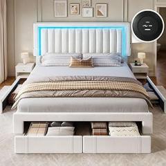 DWVO Queen Size Bed Frame with Adjustable Headboard, 4 Storage Drawers and RGB LED Lights, Velvet Upholstered Platform Bed with USB Ports, No Box Spring Needed, Fast Assembly, Noise-Free, White