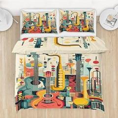 Colorful Musical Instruments Duvet Cover Full - Electronic Musical Duvet Cover Set 3Pcs - Multicolor Bedding Set - Yellow Comforter Cover - Soft Microfiber Bedding 80