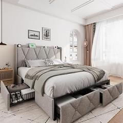 iPormis Full Size Bed Frame with 4 Storage Drawers, Upholstered Platform Bed Frame with Charging Station, Modern Wingback Storage Headboard, Easy Assembly, Light Grey